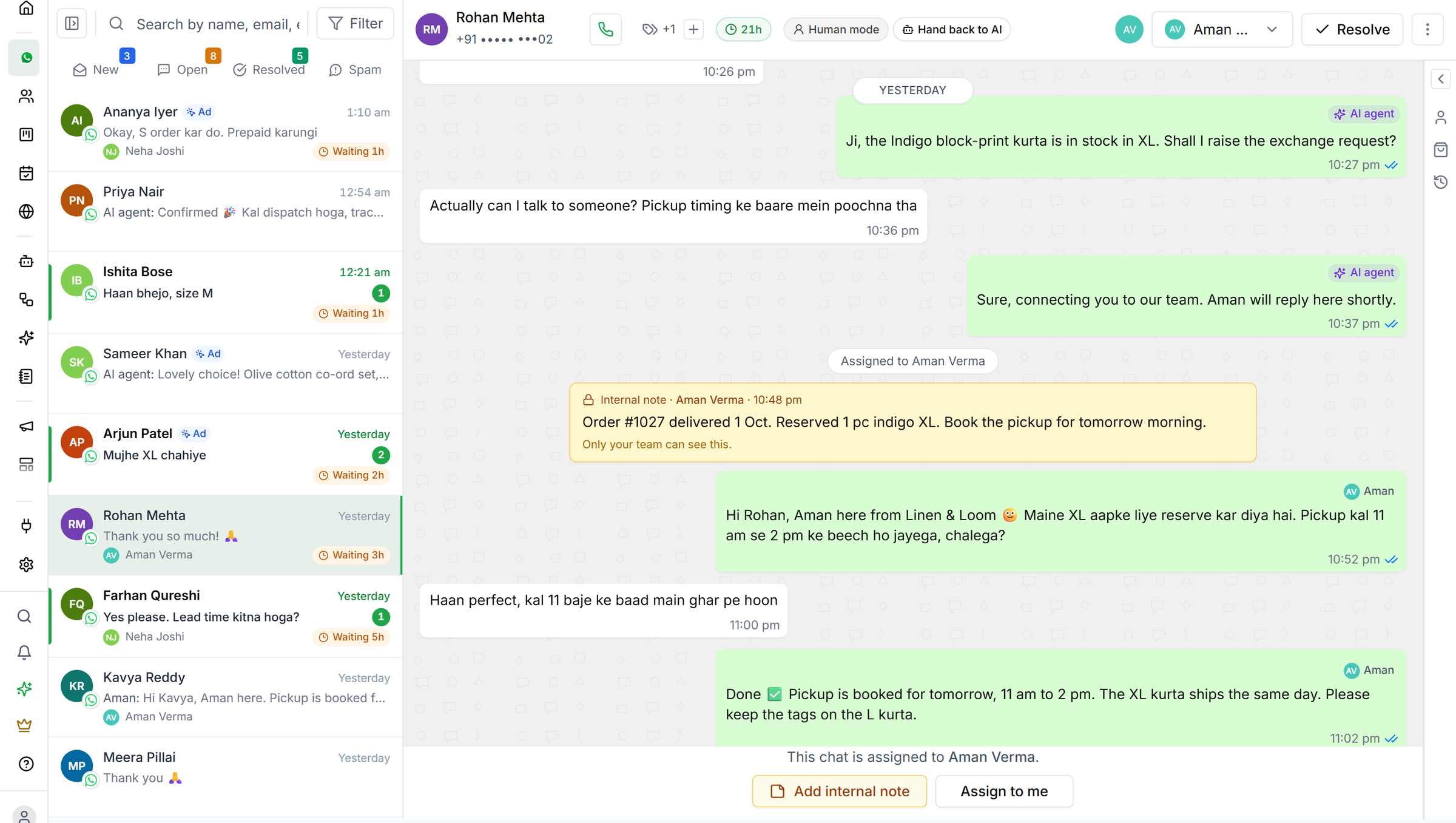 The LoopChat shared inbox: WhatsApp chats from shoppers on the left, and an open conversation where the AI agent answers and a teammate takes over.